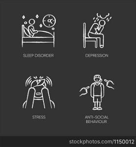Mental disorder chalk icons set. Sleep deprivation. Depression and anxiety. Stress. Anti-social behaviour. Migraine. Teenager harassment and bullying. Isolated vector chalkboard illustrations