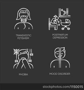 Mental disorder chalk icons set. Transvestic fetishism. Postpartum depression. Phobia. Panic attack. Mood disorder. Deviation and perversion. Woman crying. Isolated vector chalkboard illustrations