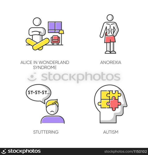 Mental disorder color icons set. Alice in wonderland syndrome. Anorexia. Eating disorder. Underweight body. Stuttering. Speech disorder. Repetition. Autism. Isolated vector illustrations
