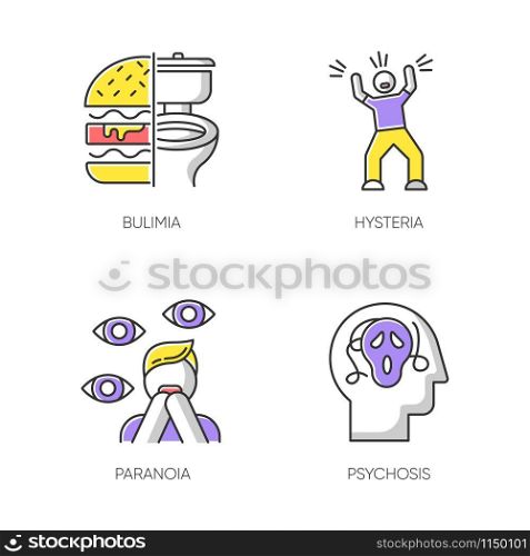 Mental disorder color icons set. Bulimia. Eating disorder. Hysteria. Panic attack. Anxiety, depression. Paranoia. Fear and phobia. Psychosis. Psychiatric illness. Isolated vector illustrations