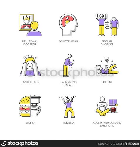 Mental disorder color icons set. Delusion and schizophrenia. Bipolar disorder. Panic attack. Parkinson disease. Epilepsy. Bulimia. Hysteria. Alice in wonderland syndrome. Isolated vector illustrations