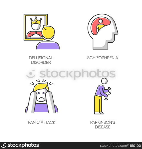 Mental disorder color icons set. Delusional person. Schizophrenia. Panic attack. Parkinson disease. Megalomania. Confused mind. Dementia. Tremor in movement. Isolated vector illustrations
