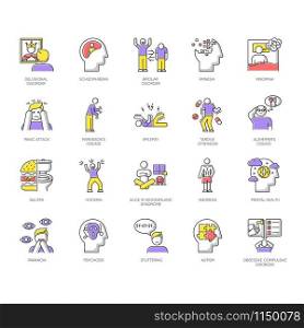 Mental disorder color icons set. Delusions, schizophrenia. Amnesia, insomnia. Bipolar disorder. Bulimia, anorexia. Autism spectrum. Obsessive-compulsive syndrome. Isolated vector illustrations