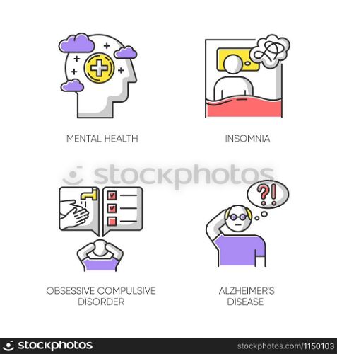 Mental disorder color icons set. Insomnia and sleep deprivation. Obsessive-compulsive syndrome. Alzheimer&rsquo;s disease. Dementia from old age. Psychological health. Isolated vector illustrations