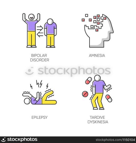 Mental disorder color icons set. Manic and depressive episodes. Bipolar personality disorder. Amnesia. Memory loss. Epileptic seizure. Tardive dyskinesia. Medication. Isolated vector illustrations