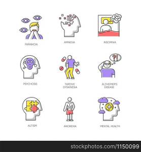 Mental disorder color icons set. Paranoia, psychosis. Amnesia, insomnia. Tardive dyskinesia. Alzheimer disease. Autism. Anorexia. Anxiety and depression. Health issue. Isolated vector illustrations