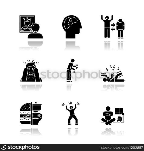 Mental disorder drop shadow black glyph icons set. Delusion. Bipolar disorder. Panic attack. Parkinson disease. Epilepsy. Bulimia. Hysteria. Alice in wonderland syndrome. Isolated vector illustrations