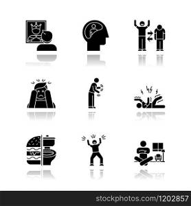 Mental disorder drop shadow black glyph icons set. Delusion. Bipolar disorder. Panic attack. Parkinson disease. Epilepsy. Bulimia. Hysteria. Alice in wonderland syndrome. Isolated vector illustrations