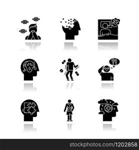 Mental disorder drop shadow black glyph icons set. Paranoia, psychosis. Amnesia, insomnia. Tardive dyskinesia. Alzheimer disease. Autism. Anorexia. Anxiety, depression. Isolated vector illustrations