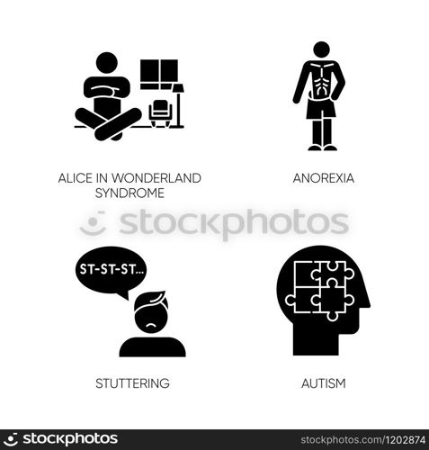 Mental disorder glyph icons set. Alice in wonderland syndrome. Anorexia. Eating disorder. Underweight body. Stuttering. Speech disorder. Autism. Silhouette symbols. Vector isolated illustration