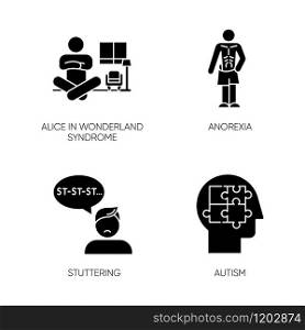 Mental disorder glyph icons set. Alice in wonderland syndrome. Anorexia. Eating disorder. Underweight body. Stuttering. Speech disorder. Autism. Silhouette symbols. Vector isolated illustration