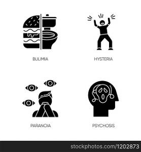 Mental disorder glyph icons set. Bulimia. Eating disorder. Hysteria. Panic attack. Anxiety, depression. Paranoia. Fear and phobia. Psychosis. Silhouette symbols. Vector isolated illustration