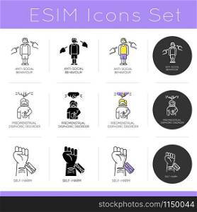 Mental disorder icons set. Anti-social behaviour. Predmenstrual disphoria. Self-harm. Bullying and harrassment. Cut vein. Flat design, linear, black and color styles. Isolated vector illustrations