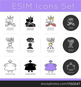 Mental disorder icons set. Impostor syndrome. Personality disorder. Exhibitionism. Sexual perversion. Confusion and stress. Flat design, linear, black and color styles. Isolated vector illustrations