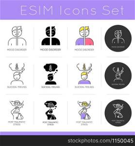 Mental disorder icons set. Suicidal feeling. Post-traumatic syndrom. Mood affective disorder. Stress and anxiety support. Flat design, linear, black and color styles. Isolated vector illustrations