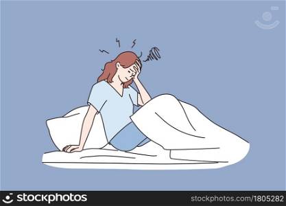 Mental disorder, loneliness, depression concept. Sad unhappy Woman staying in bed in her bedroom waking up with headache, fatigue, migraine or suffering from insomnia vector illustration . Mental disorder, loneliness, depression concept.