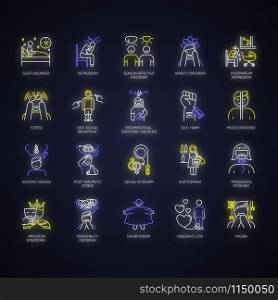 Mental disorder neon light icons set. Depression and anxiety. Self-harm, suicidal feeling. Postpartum stress. Phobia. PTSD, PMS. Psychiatric issues. Glowing signs. Vector isolated illustrations