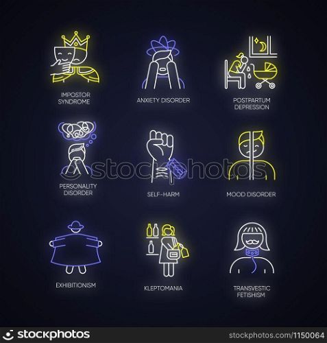 Mental disorder neon light icons set. Impostor. Anxiety. Postpartum depression. Personality disorder. Self-harm. Exhibitionism. Kleptomania. Fetishism. Glowing signs. Vector isolated illustrations
