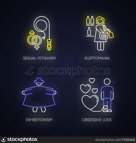 Mental disorder neon light icons set. Sexual fetishism. Kleptomania. Exhibitionism. Obsessive love. Steal alcohol. Possessive relationship. Glowing signs. Vector isolated illustrations