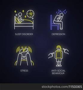 Mental disorder neon light icons set. Sleep deprivation. Depression and anxiety. Stress. Anti-social behaviour. Migraine. Teenager harassment and bullying. Glowing signs. Vector isolated illustrations