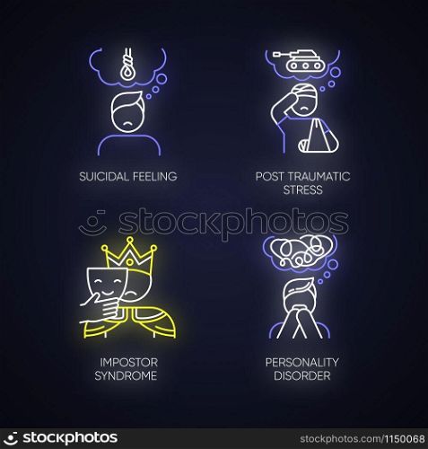 Mental disorder neon light icons set. Suicidal feeling. Post traumatic stress. Impostor syndrome. Personality disorder. Distress and worry. Veteran trauma. Glowing signs. Vector isolated illustrations