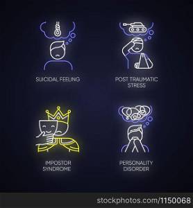 Mental disorder neon light icons set. Suicidal feeling. Post traumatic stress. Impostor syndrome. Personality disorder. Distress and worry. Veteran trauma. Glowing signs. Vector isolated illustrations