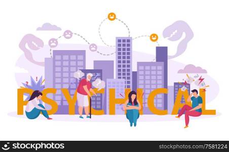 Mental disorders design concept with people suffering from psychosis panic phobia dementia at urban background flat vector illustration