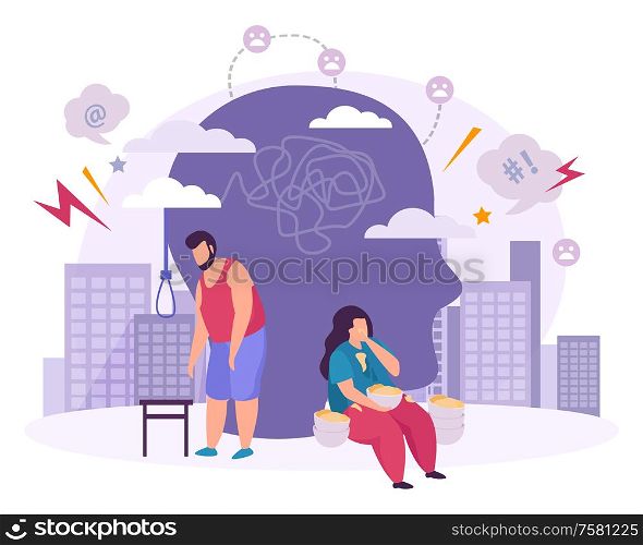 Mental disorders flat composition with male and female characters suffering from bulimia and suicidal mania vector illustration