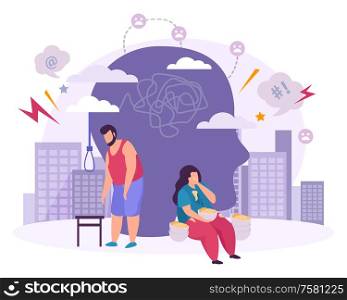 Mental disorders flat composition with male and female characters suffering from bulimia and suicidal mania vector illustration