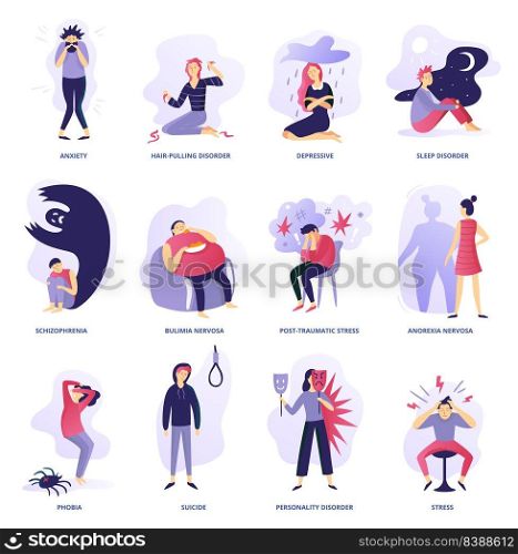 Mental disorders of set, axiety and depressive, phobia and stress. Vector of phobia and disorder, depression problem illustration. Mental disorders of set, axiety and depressive, phobia and stress