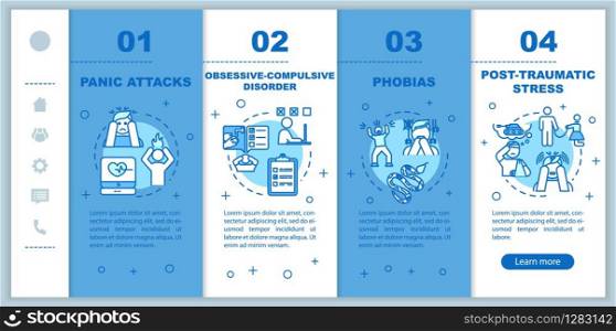 Mental disorders onboarding vector template. Psychological diseases. Obsessive compulsive disorder. Panic attacks. Responsive mobile website, icons. Webpage walkthrough step screens. RGB color concept
