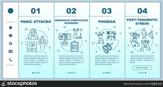 Mental disorders onboarding vector template. Psychological diseases. Panic attacks. obsessive compulsive disorder. Responsive mobile website, icons. Webpage walkthrough step screens. RGB color concept