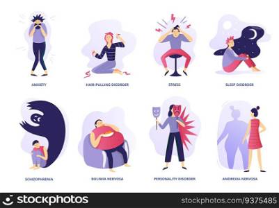 Mental disorders. Psychic illness, people psychotherapy and psychiatric problems. Mentality disorder, mental disorders illnesses or overweight anxiety stressed. Vector illustration isolated icons set. Mental disorders. Psychic illness, people psychotherapy and psychiatric problems. Mentality disorder vector illustration set