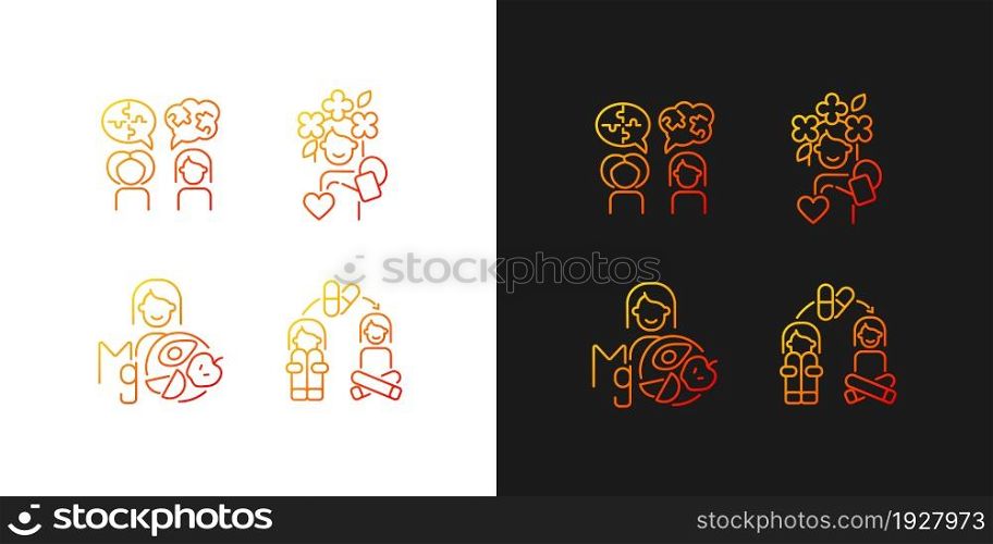 Mental disorders treatment gradient icons set for dark and light mode. Medication therapy. Thin line contour symbols bundle. Isolated vector outline illustrations collection on black and white. Mental disorders treatment gradient icons set for dark and light mode