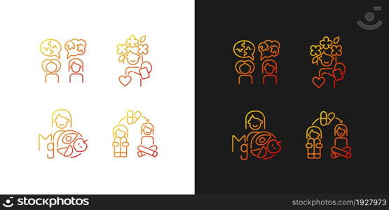 Mental disorders treatment gradient icons set for dark and light mode. Medication therapy. Thin line contour symbols bundle. Isolated vector outline illustrations collection on black and white. Mental disorders treatment gradient icons set for dark and light mode