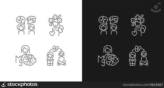 Mental disorders treatment linear icons set for dark and light mode. Depression therapy. Psychotherapy. Customizable thin line symbols. Isolated vector outline illustrations. Editable stroke. Mental disorders treatment linear icons set for dark and light mode