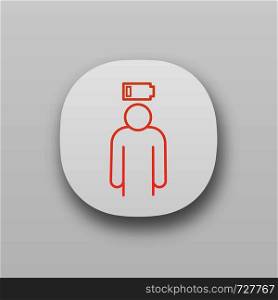 Mental exhaustion app icon. Burnout. Fatigue. No energy. Stress symptom. UI/UX user interface. Web or mobile application. Vector isolated illustration. Mental exhaustion app icon