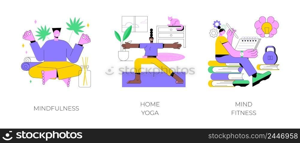 Mental health abstract concept vector illustration set. Mindfulness, home yoga, mind fitness, self-consciousness, focusing and releasing stress, anxiety treatment, quarantine abstract metaphor.. Mental health abstract concept vector illustrations.