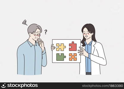 Mental health and aging concept. Young smiling doctor woman showing puzzle pieces to thinking frustrated mature elderly thinking man vector illustration . Mental health and aging concept.