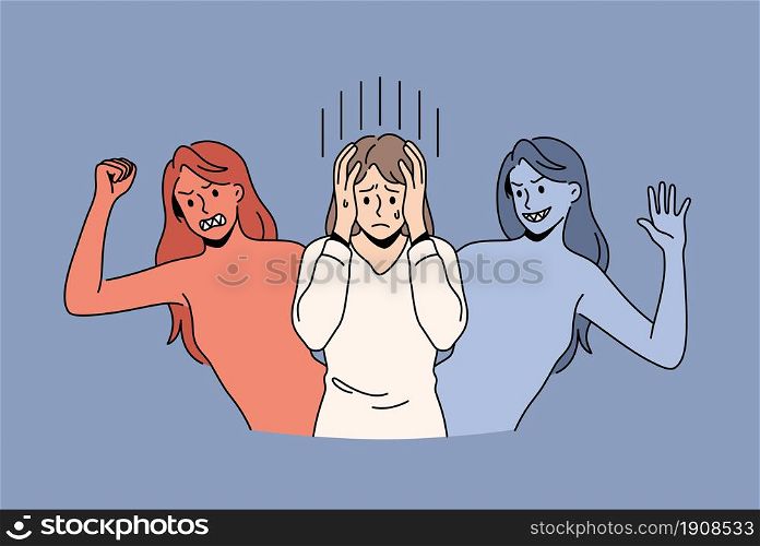 Mental health and Bipolar disorder concept. Young woman covering head with hands feeling variety moods suffering from bipolar disorder illness vector illustration . Mental health and Bipolar disorder concept