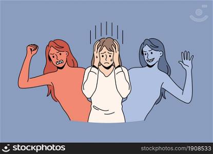 Mental health and Bipolar disorder concept. Young woman covering head with hands feeling variety moods suffering from bipolar disorder illness vector illustration . Mental health and Bipolar disorder concept