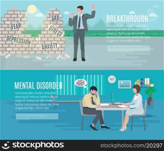 Mental health anxiety disorder breakthrough with psychiatrist counseling 2 flat horizontal banners set abstract isolated vector illustration. Mental health flat banners set
