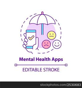Mental health apps concept icon. Software for wellbeing. Trend in psychotherapy abstract idea thin line illustration. Isolated outline drawing. Editable stroke. Arial, Myriad Pro-Bold fonts used. Mental health apps concept icon