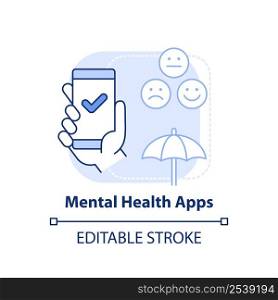 Mental health apps light blue concept icon. Medical software. Trend in psychotherapy abstract idea thin line illustration. Isolated outline drawing. Editable stroke. Arial, Myriad Pro-Bold fonts used. Mental health apps light blue concept icon
