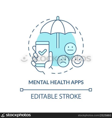 Mental health apps turquoise concept icon. Software for wellbeing. Psychotherapy abstract idea thin line illustration. Isolated outline drawing. Editable stroke. Arial, Myriad Pro-Bold fonts used. Mental health apps turquoise concept icon
