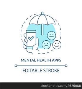 Mental health apps turquoise concept icon. Software for wellbeing. Psychotherapy abstract idea thin line illustration. Isolated outline drawing. Editable stroke. Arial, Myriad Pro-Bold fonts used. Mental health apps turquoise concept icon