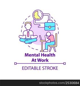 Mental health at work concept icon. Stress reducing. Trend in psychology abstract idea thin line illustration. Isolated outline drawing. Editable stroke. Arial, Myriad Pro-Bold fonts used. Mental health at work concept icon