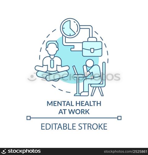 Mental health at work turquoise concept icon. Stress reducing. Trend in psychology abstract idea thin line illustration. Isolated outline drawing. Editable stroke. Arial, Myriad Pro-Bold fonts used. Mental health at work turquoise concept icon