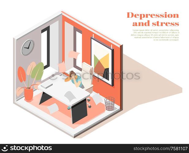 Mental health at workplace isometric composition with female employee work related stress anxiety depression symptoms vector illustration