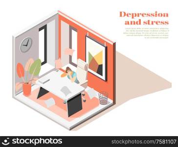 Mental health at workplace isometric composition with female employee work related stress anxiety depression symptoms vector illustration